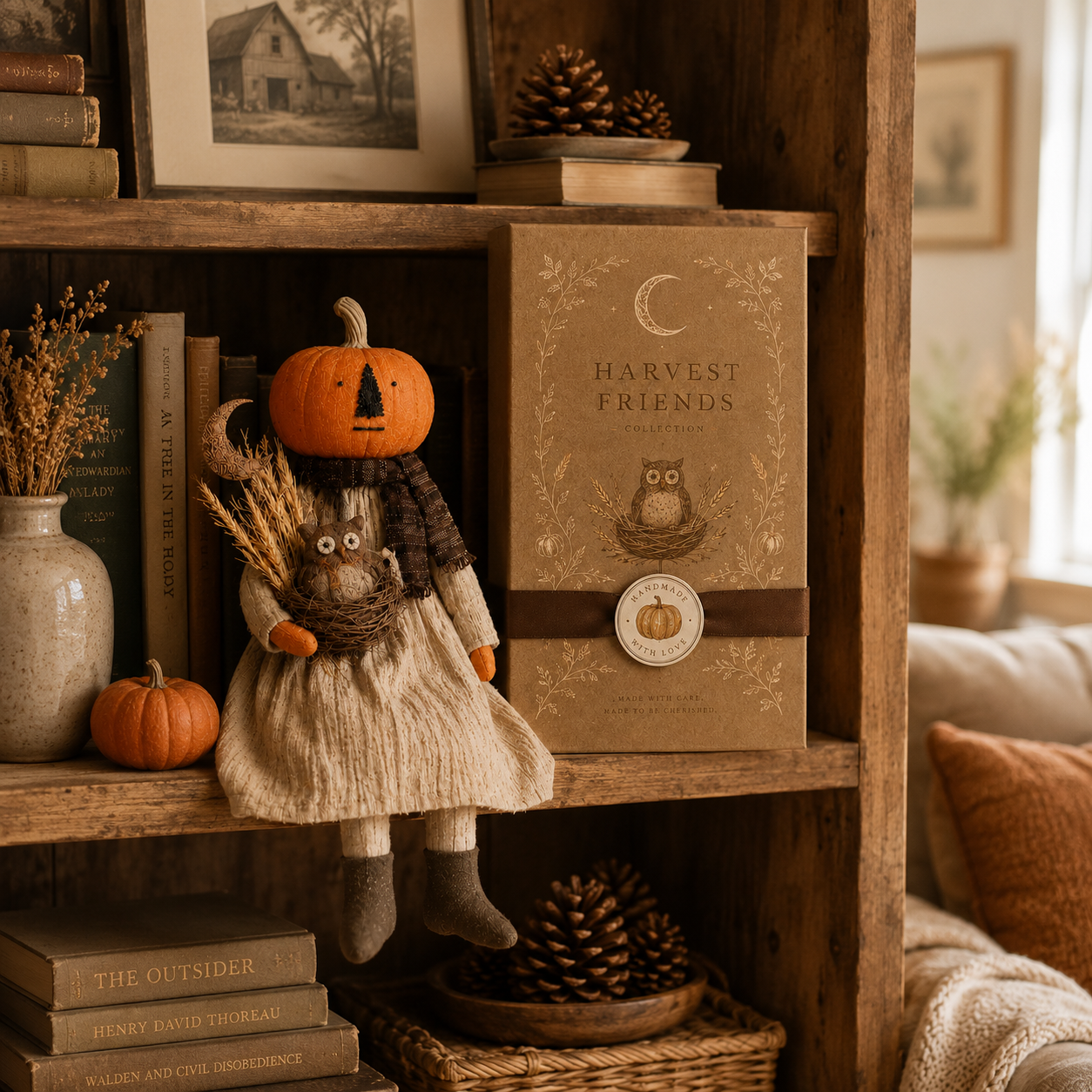 Pumpkin Head Harvest Doll with Gift Box - 11 Inch Fall Tabletop Decor