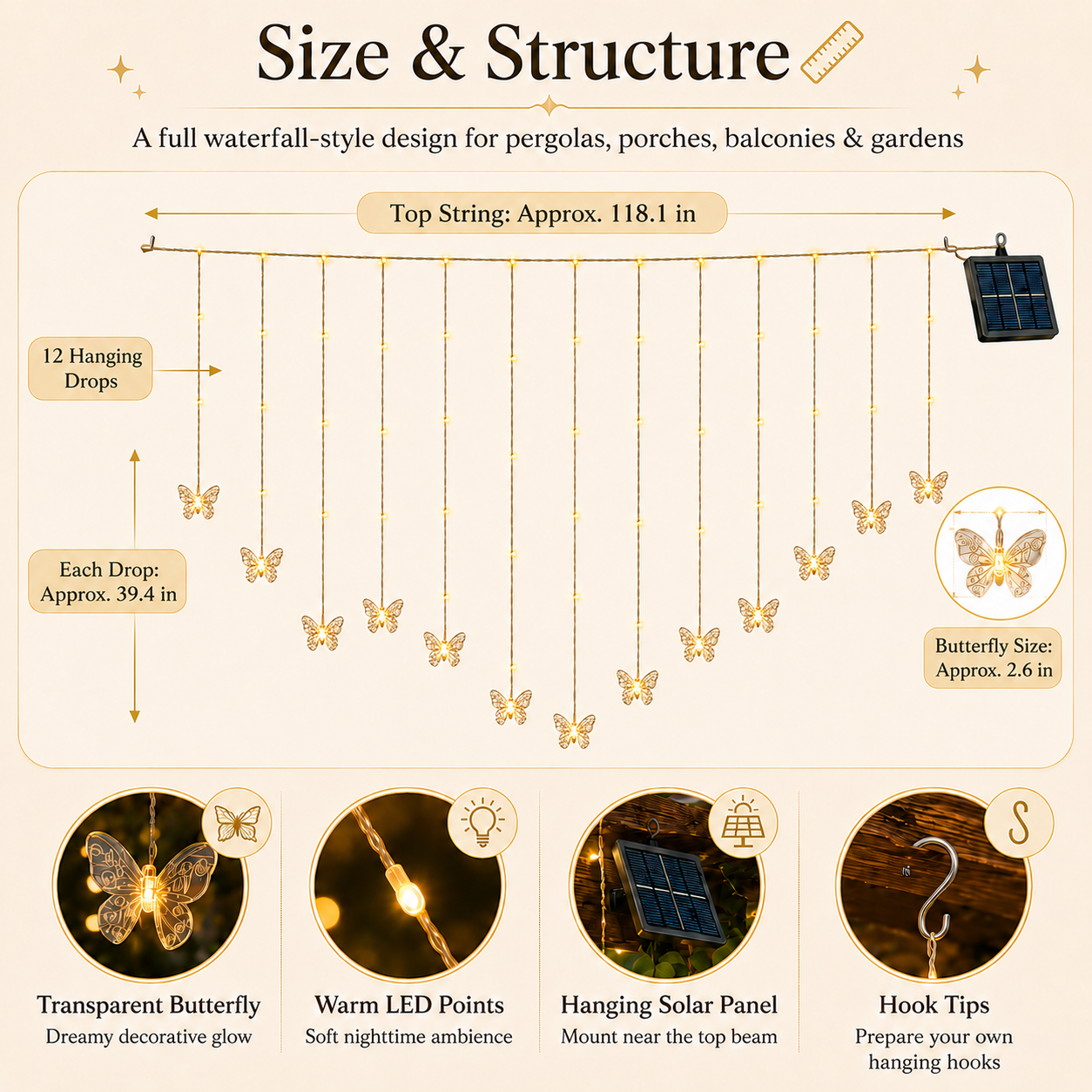 118.1 in Solar Butterfly Waterfall Curtain Lights 🦋✨ Warm White Outdoor Fairy Lights with Remote Control & 8 Lighting Modes
