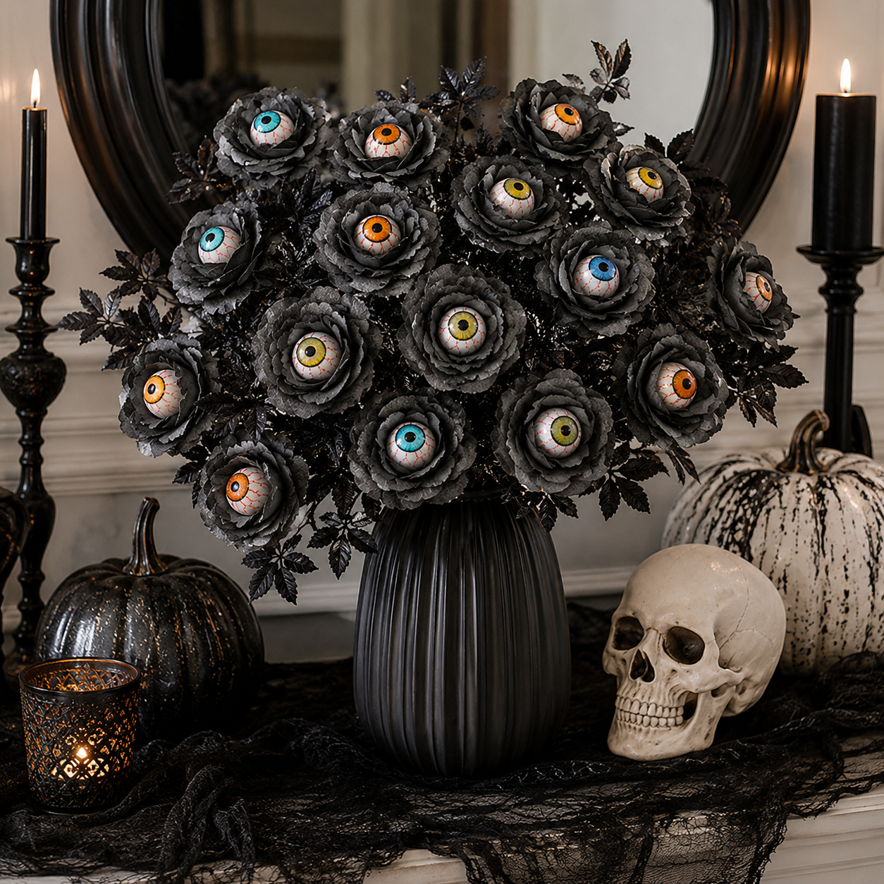 Halloween Eyeball Rose Artificial Flower Stems, Gothic Black Rose Decor