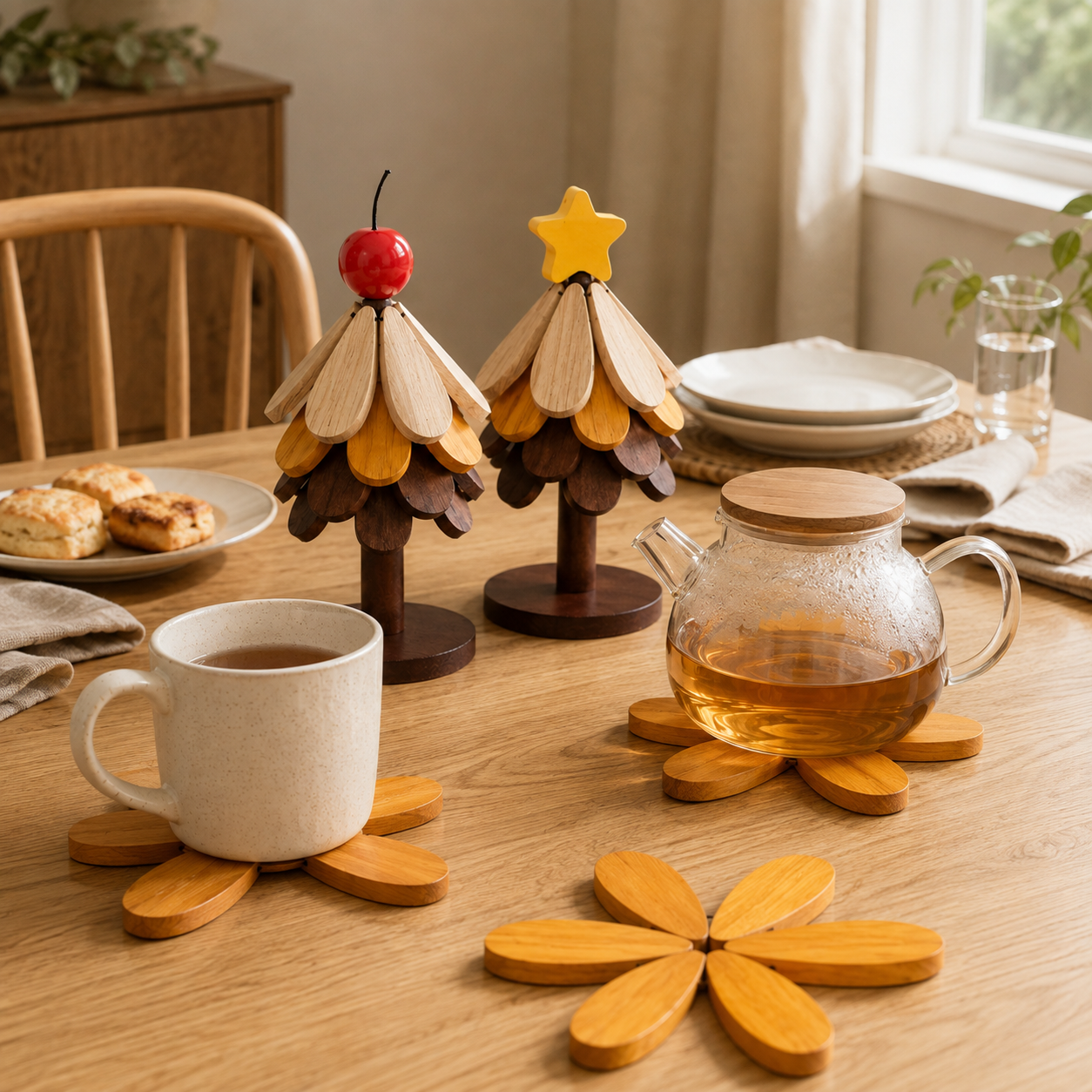 2-in-1 Wooden Trivet Tree Set – 5 Fold-Out Heat Pads 🌳