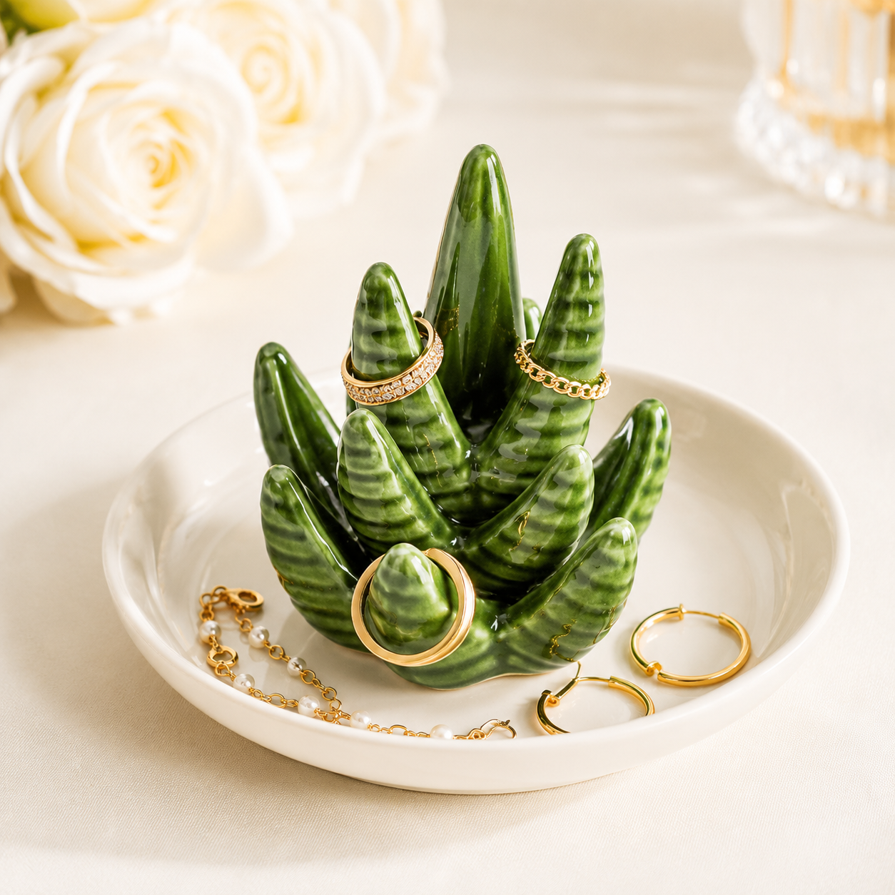 Cactus and aloe vera ceramic jewelry storage box and tray