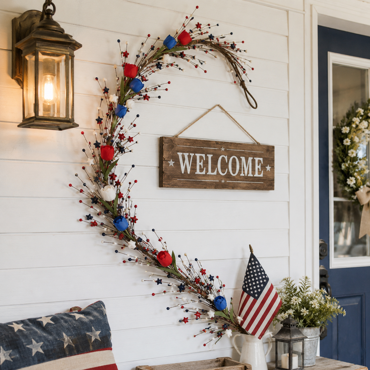 Patriotic Red White Blue Pip Berry Garland with Stars