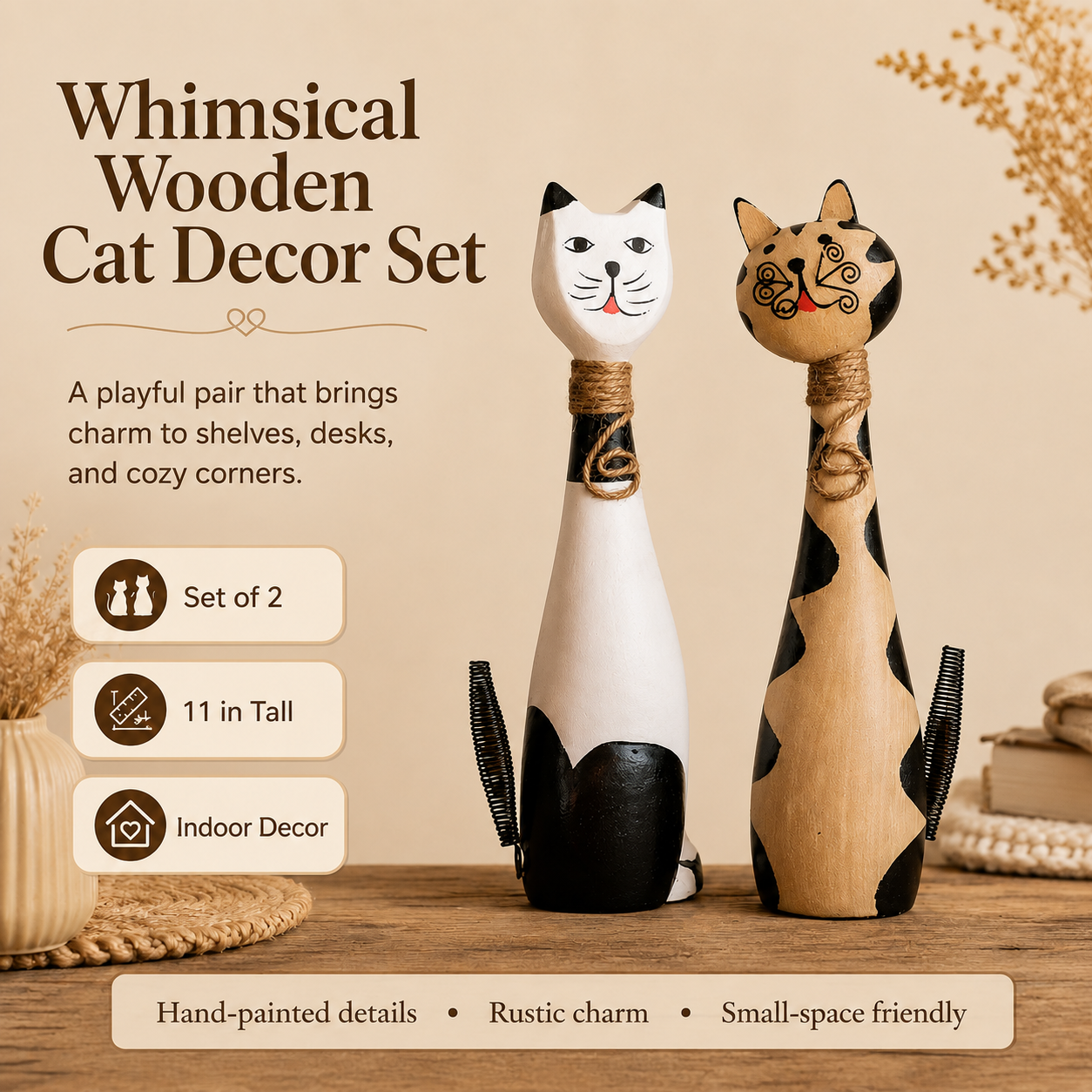 11 in Whimsical Hand-Painted Wooden Cat Figurines – Set of 2 🐱