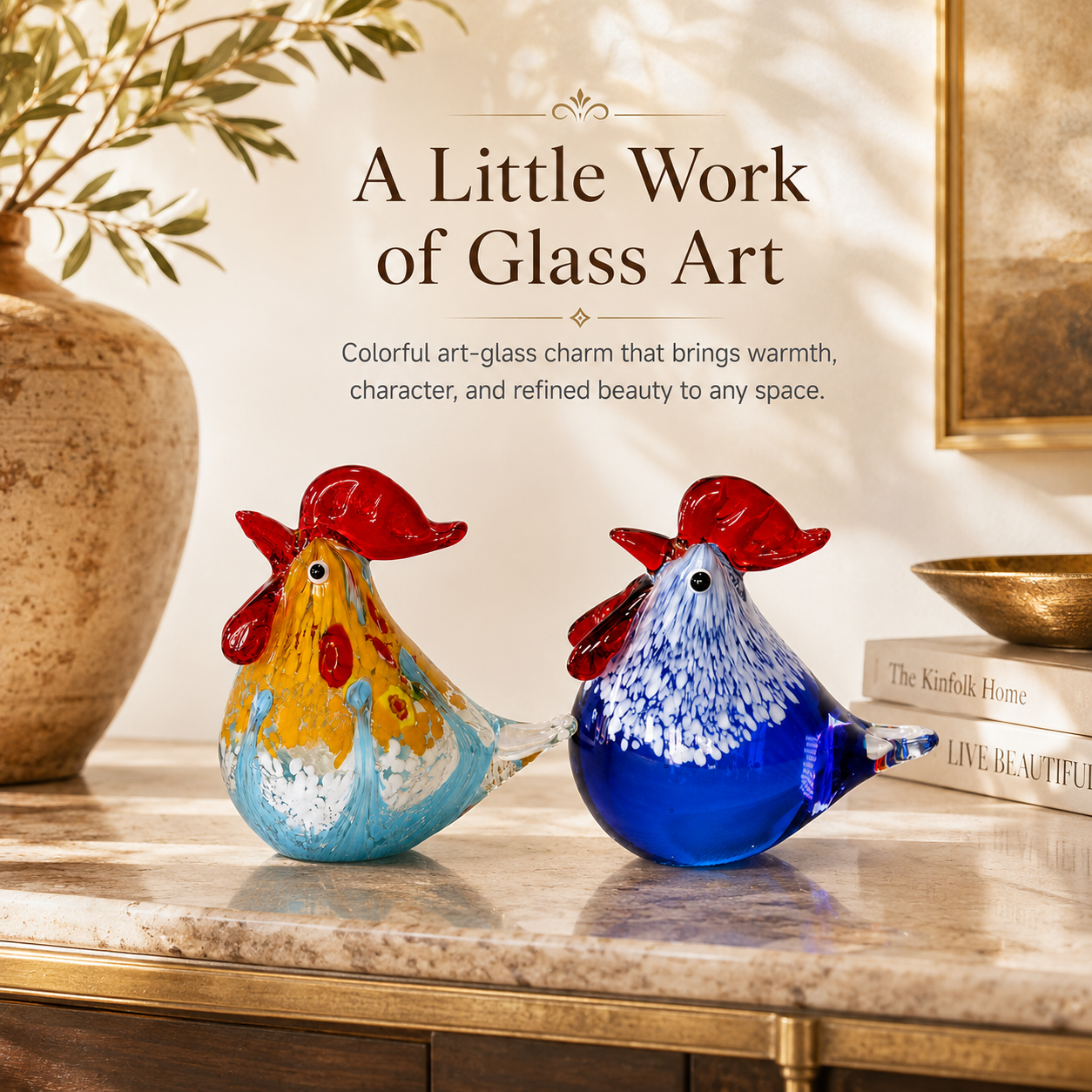 Colorful Art Glass Rooster Figurine with Luxury Gift Box 🐓✨