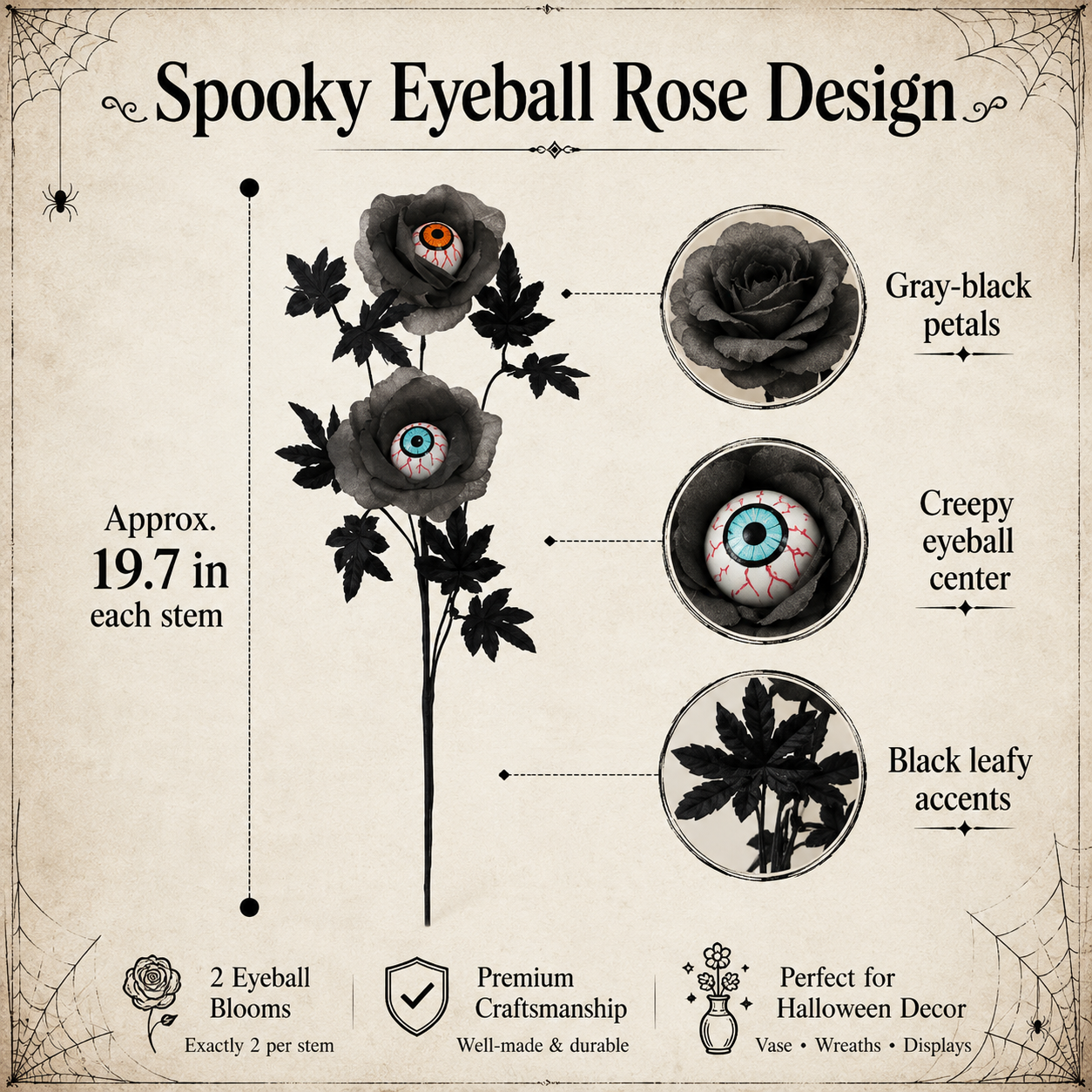 Halloween Eyeball Rose Artificial Flower Stems, Gothic Black Rose Decor
