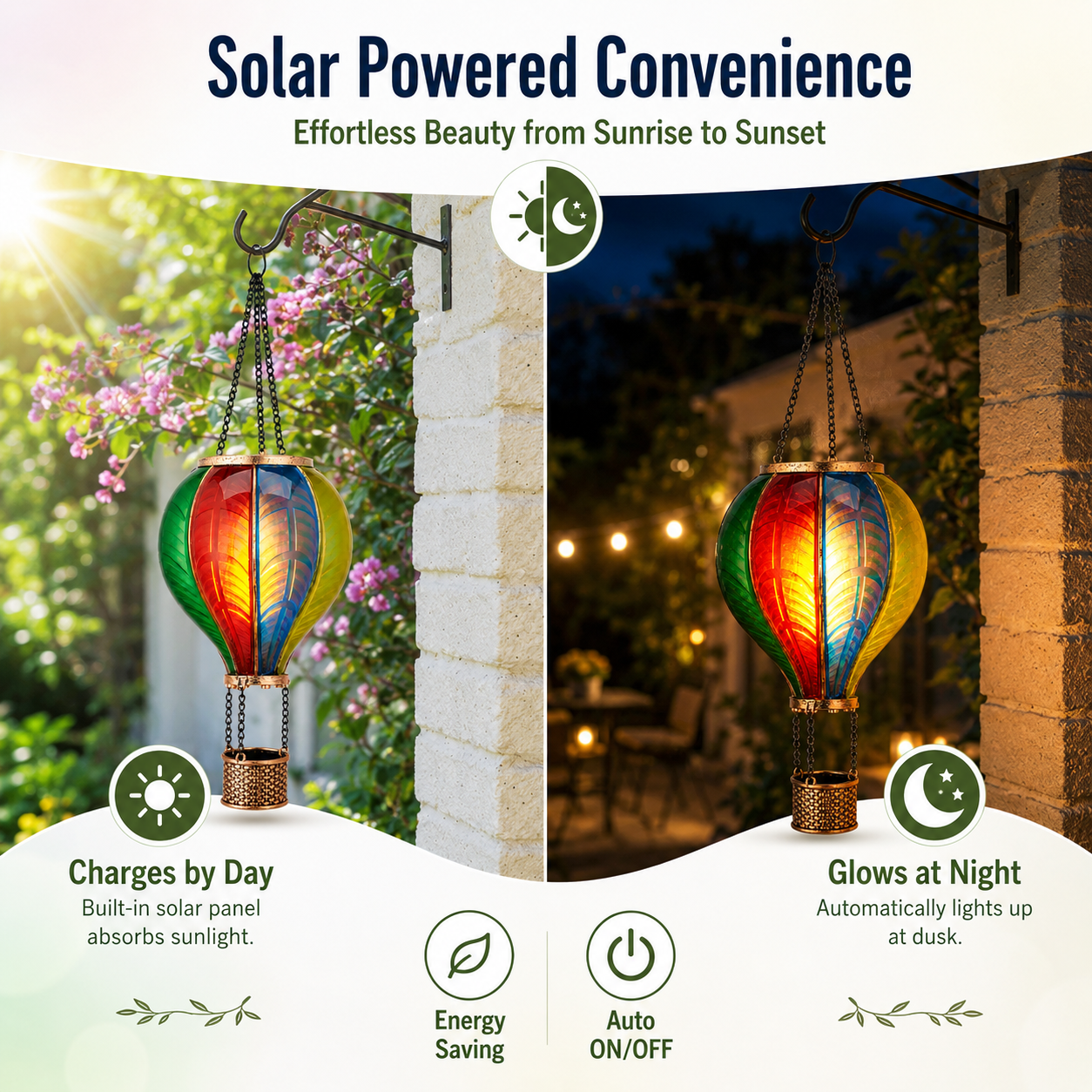 Solar Hot Air Balloon Hanging Lantern, Colorful Stained Glass Style Outdoor Solar Garden