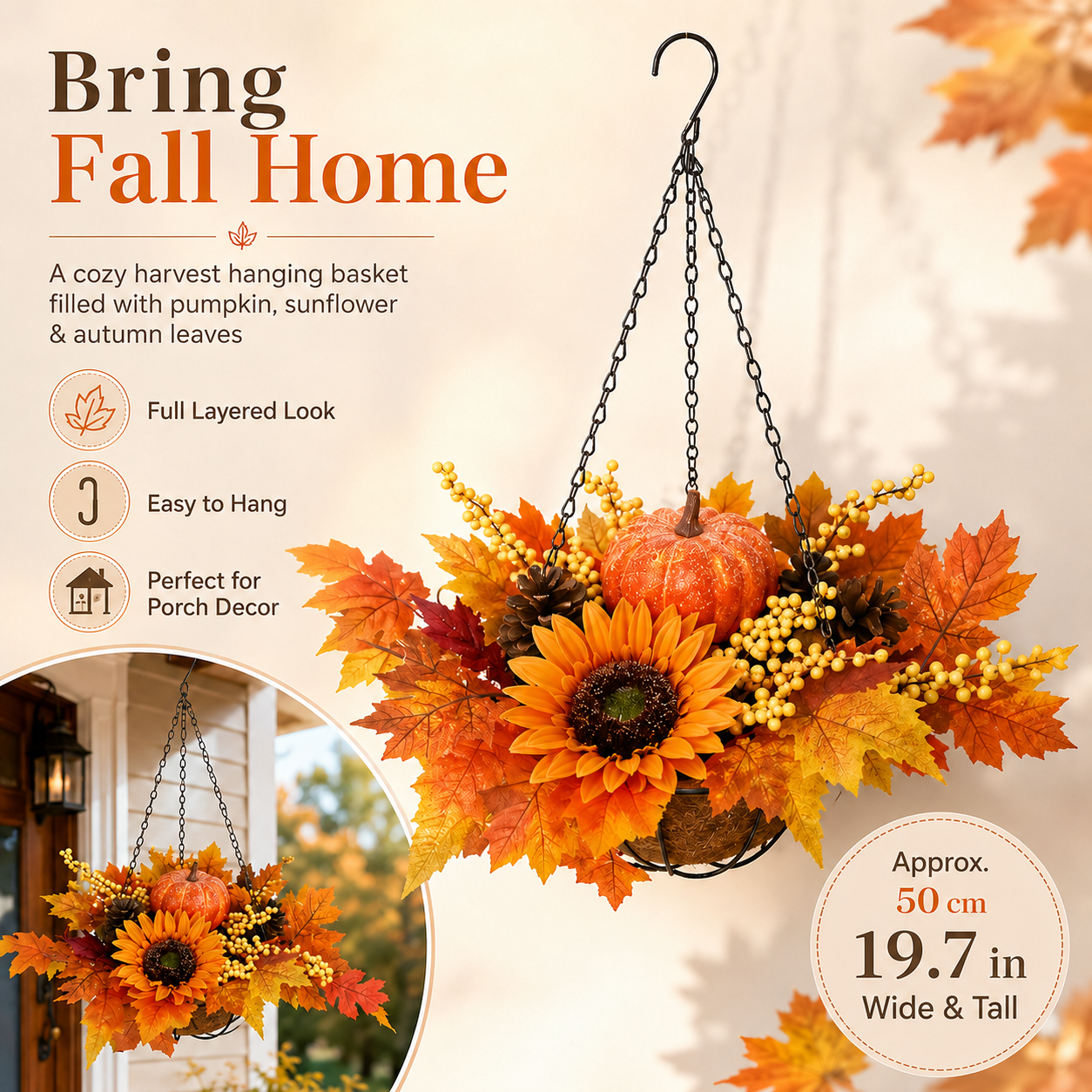 19.7 in Fall Harvest Pumpkin Hanging Basket / 1 pcs 🌻🎃