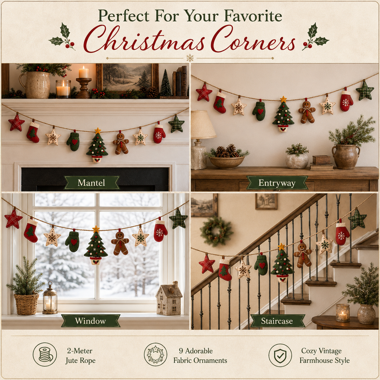 78.7 in Vintage Christmas Fabric Hanging Banner