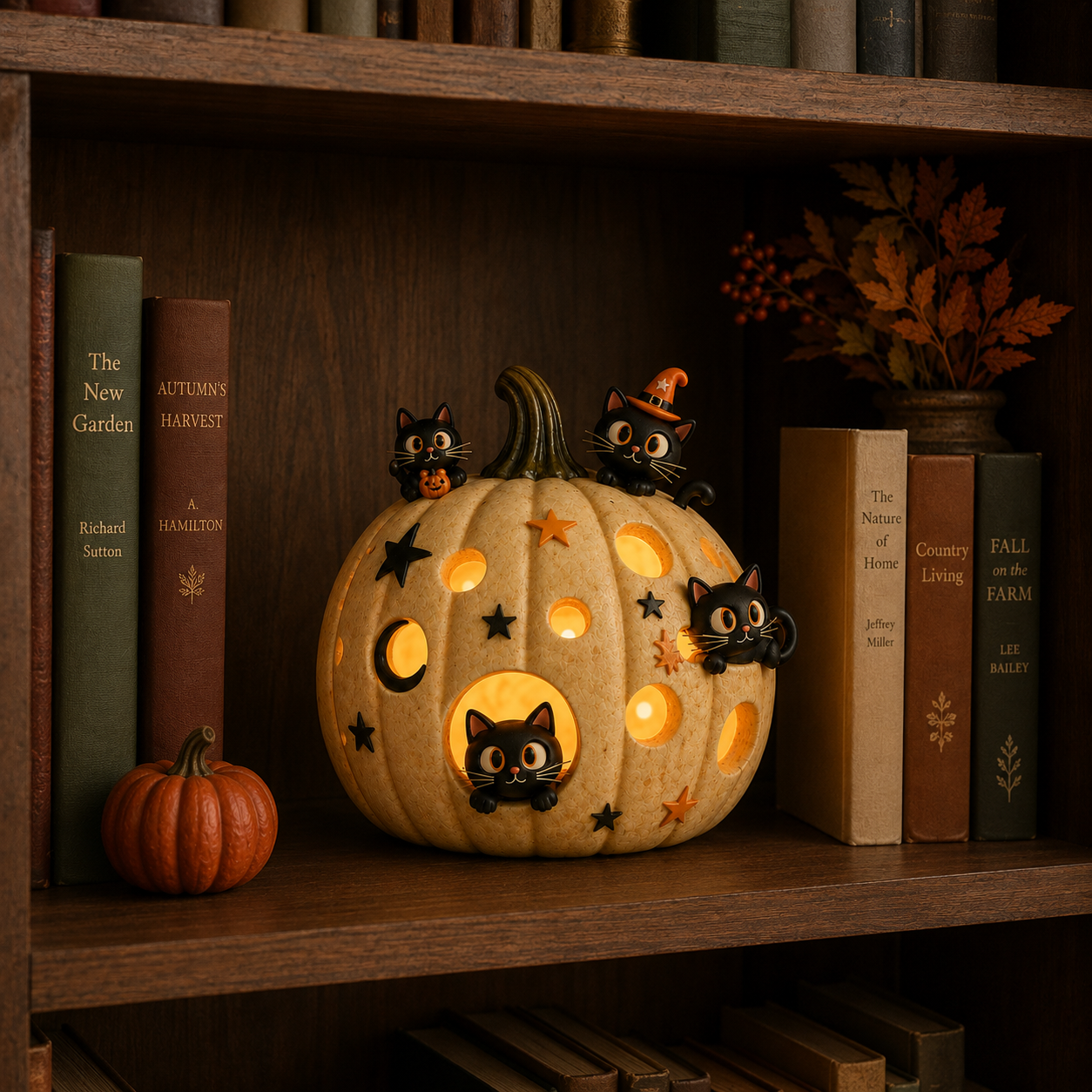 Lighted Black Cat Pumpkin Halloween Decor