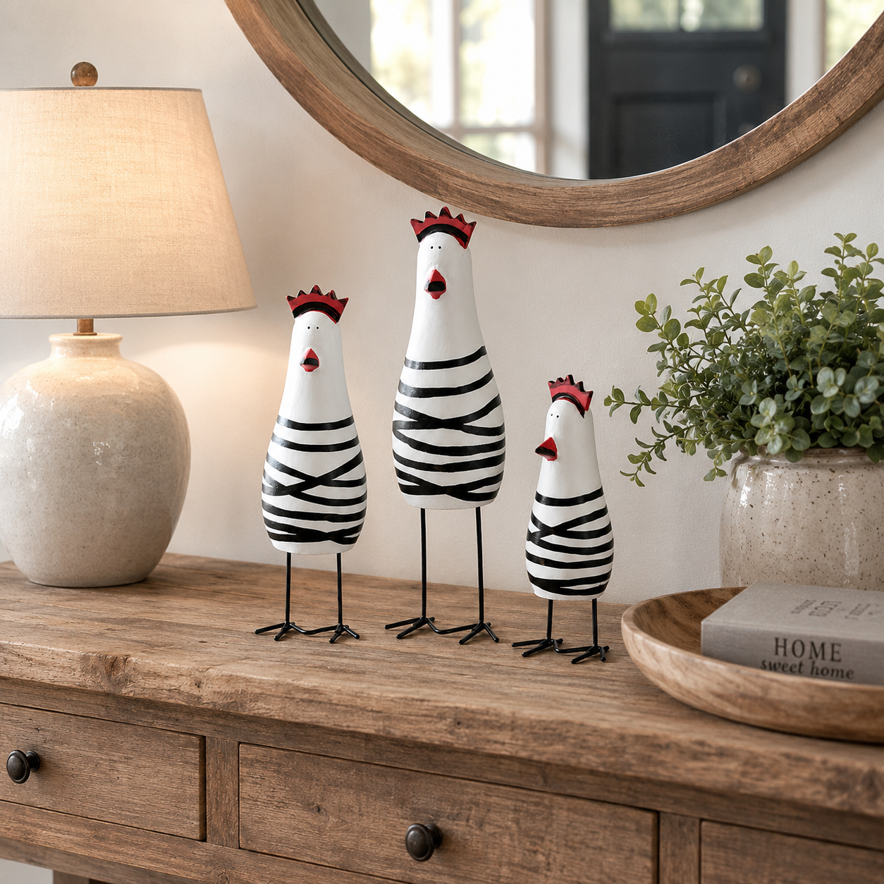 Whimsical Hand-Painted Wooden Chicken Figurines – Set of 3 🐓