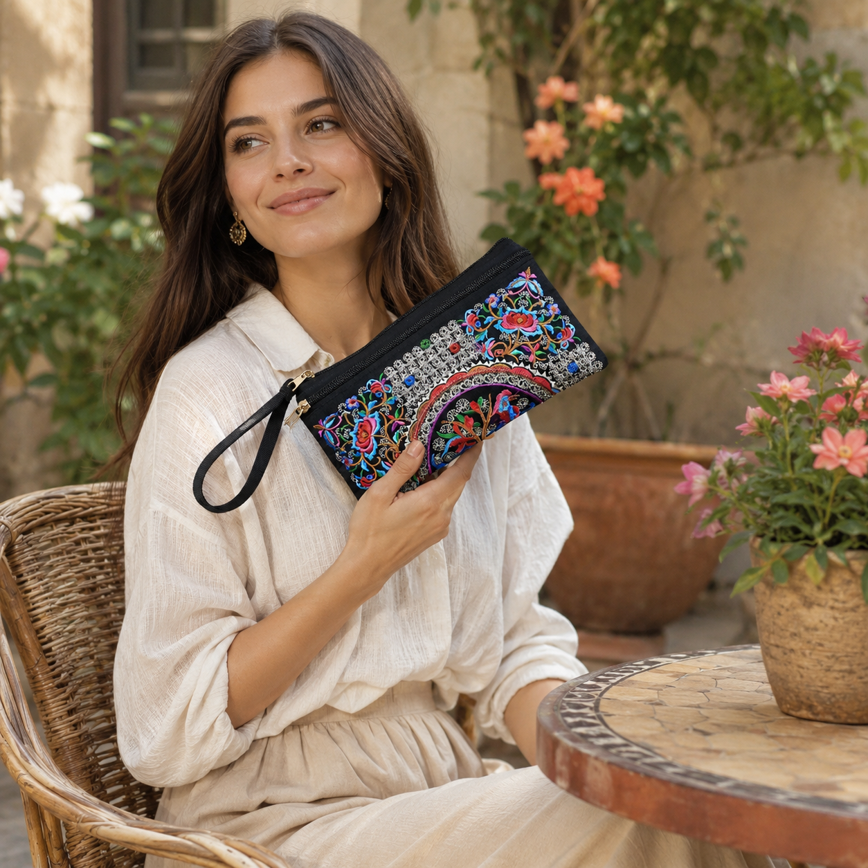 Embroidered Ethnic Style Wristlet Handbag, Double Zipper Floral Phone Purse