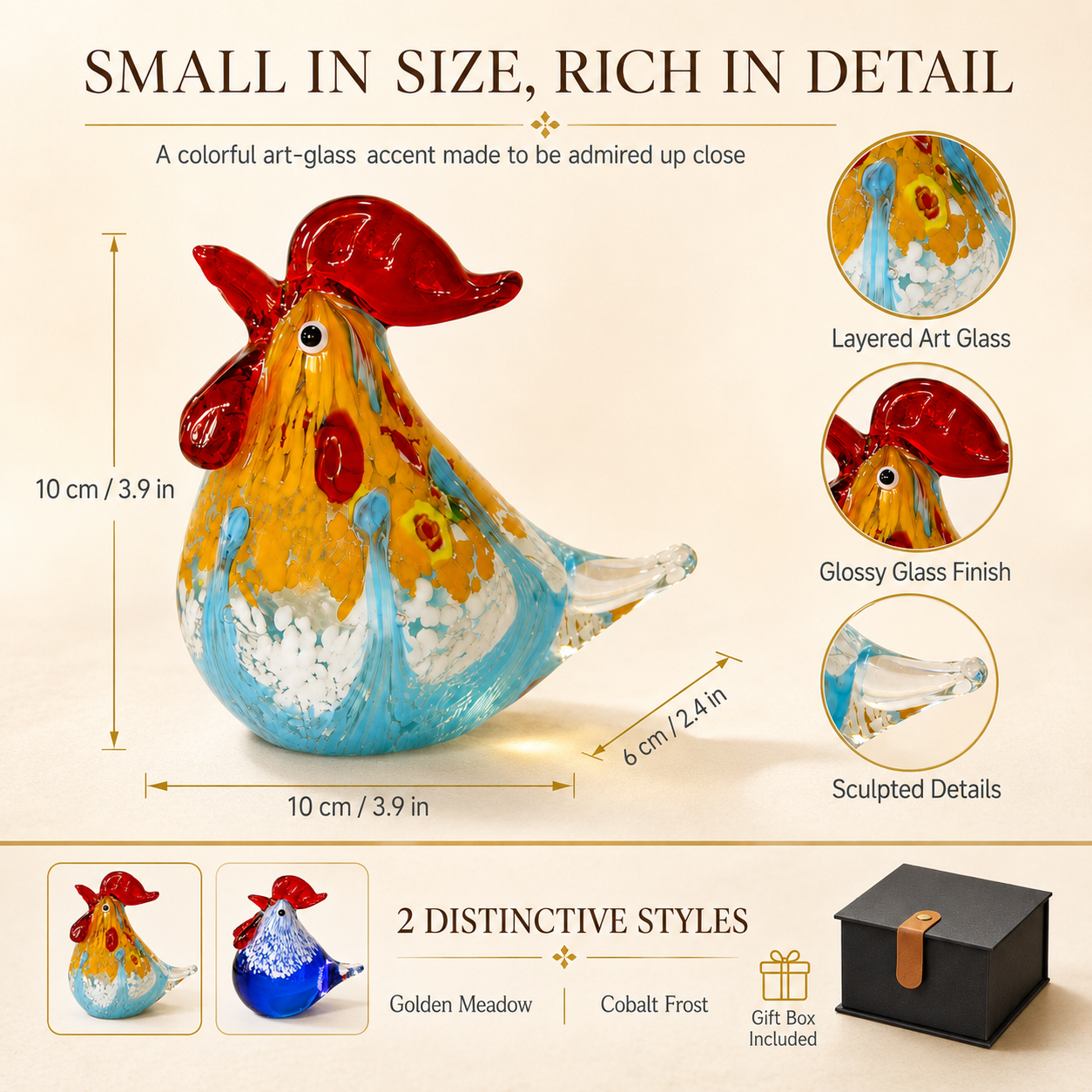 Colorful Art Glass Rooster Figurine with Luxury Gift Box 🐓✨
