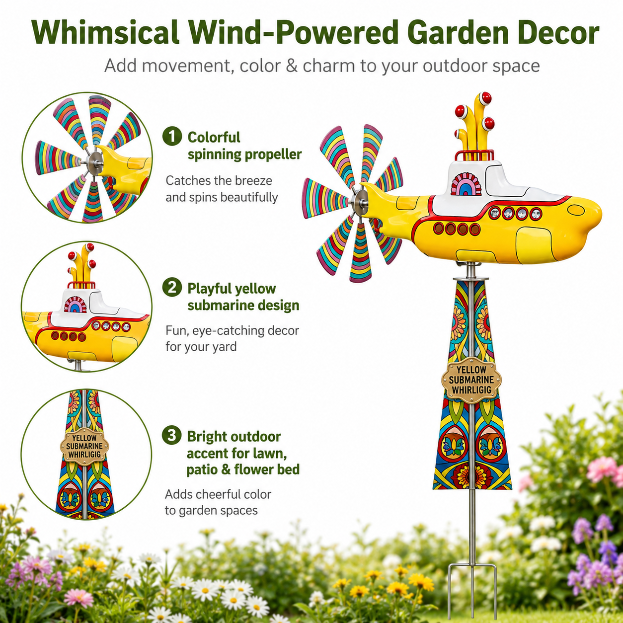 Yellow Submarine Garden Whirligig Wind Spinner Stake, 33.4 Inch Outdoor Yard Windmill Decoration with Colorful Propeller