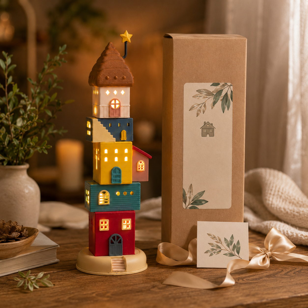 🏠 Whimsical Rotating Light-Up House Tower