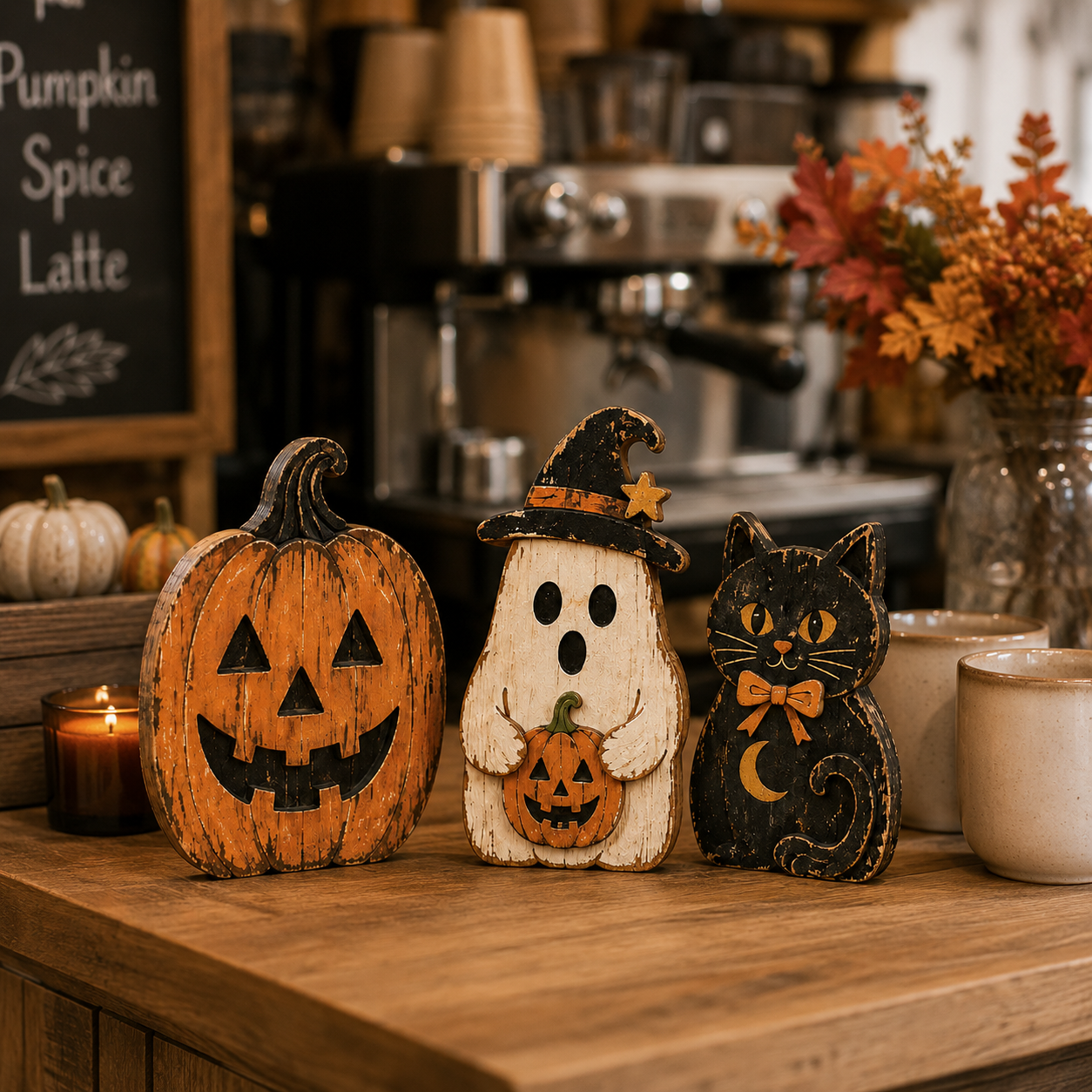Vintage Halloween Wooden Trio – Pumpkin, Ghost & Black Cat