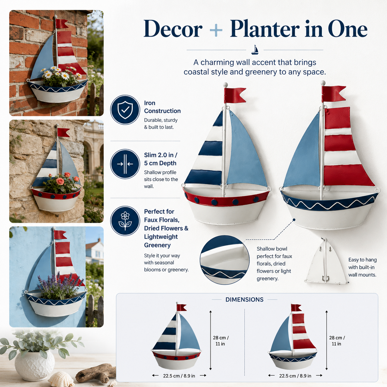 Coastal Sailboat Metal Wall Planter – Nautical Hanging Flower Basket⛵