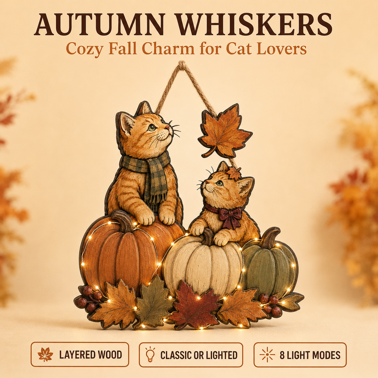 Autumn Whiskers Cat & Pumpkin Wooden Hanging Decor