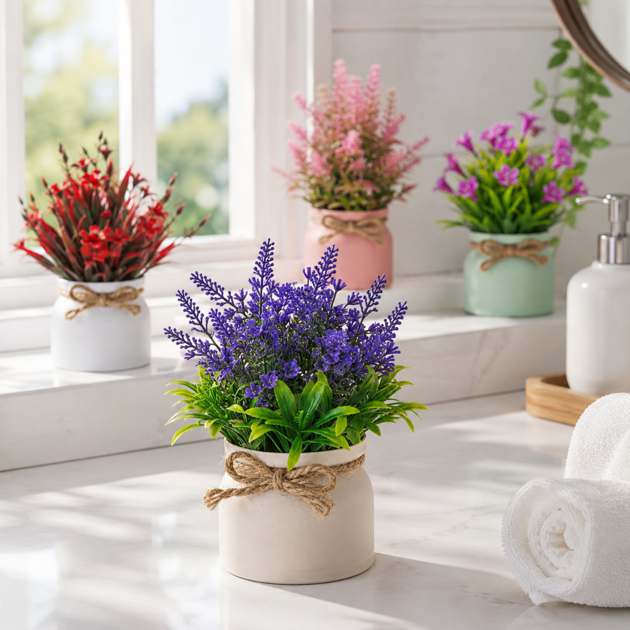 Set of 4 Mini Artificial Potted Flowers, Faux Lavender & Wildflower Plants with Rustic Rope Bow