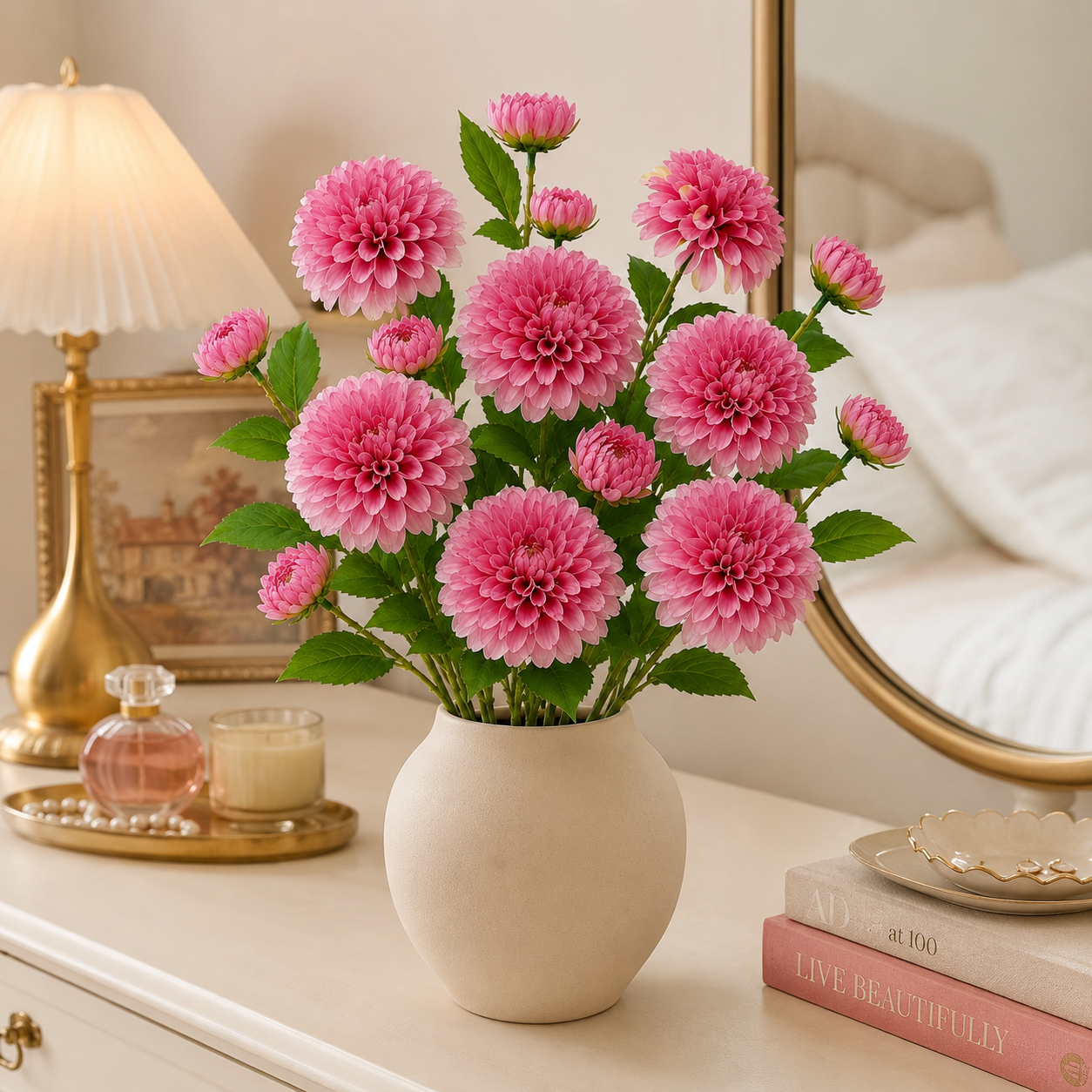 29.9 in Lifelike Dahlia Artificial Flower Bouquet – 5 Stems, 15 Blooms