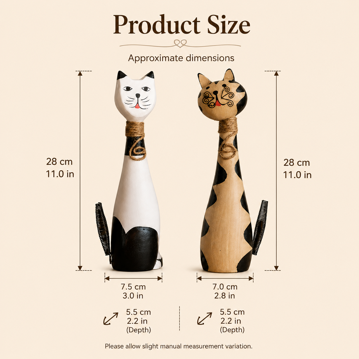 11 in Whimsical Hand-Painted Wooden Cat Figurines – Set of 2 🐱