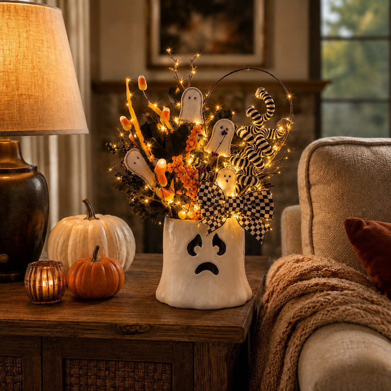 Whimsical Lighted Ghost Vase Halloween Centerpiece