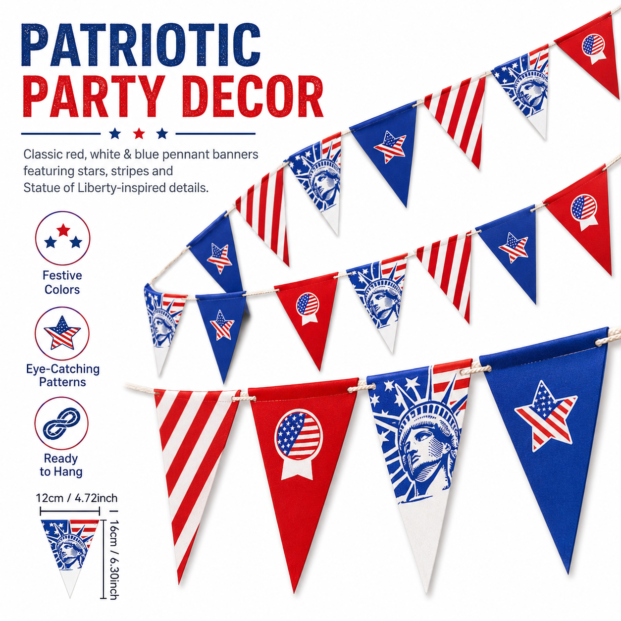 Patriotic Bunting Banner Garland – Red, White & Blue Party Decoration