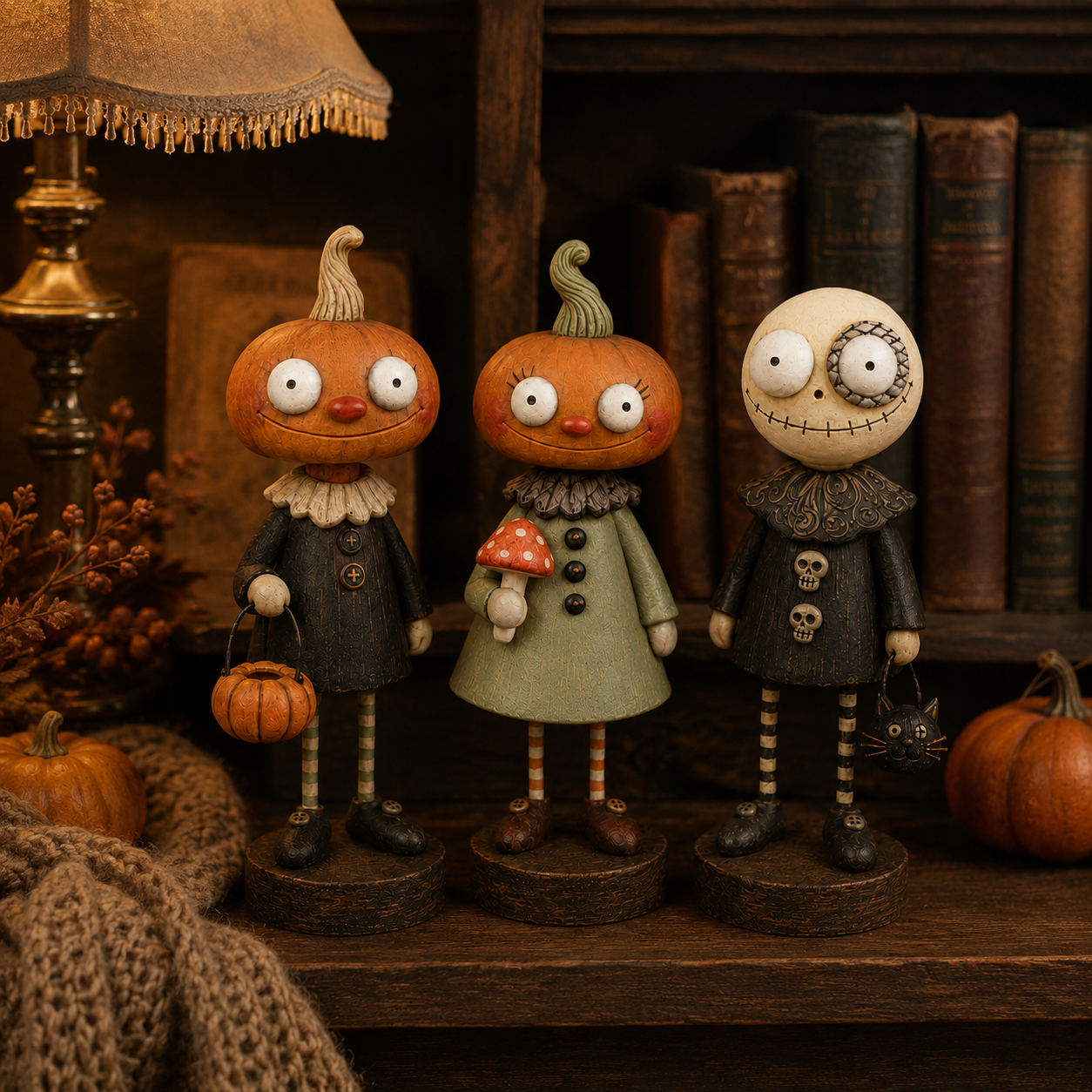 Primitive Pumpkin Friends 3-Piece Set – Vintage Halloween Farmhouse Figurine Collection