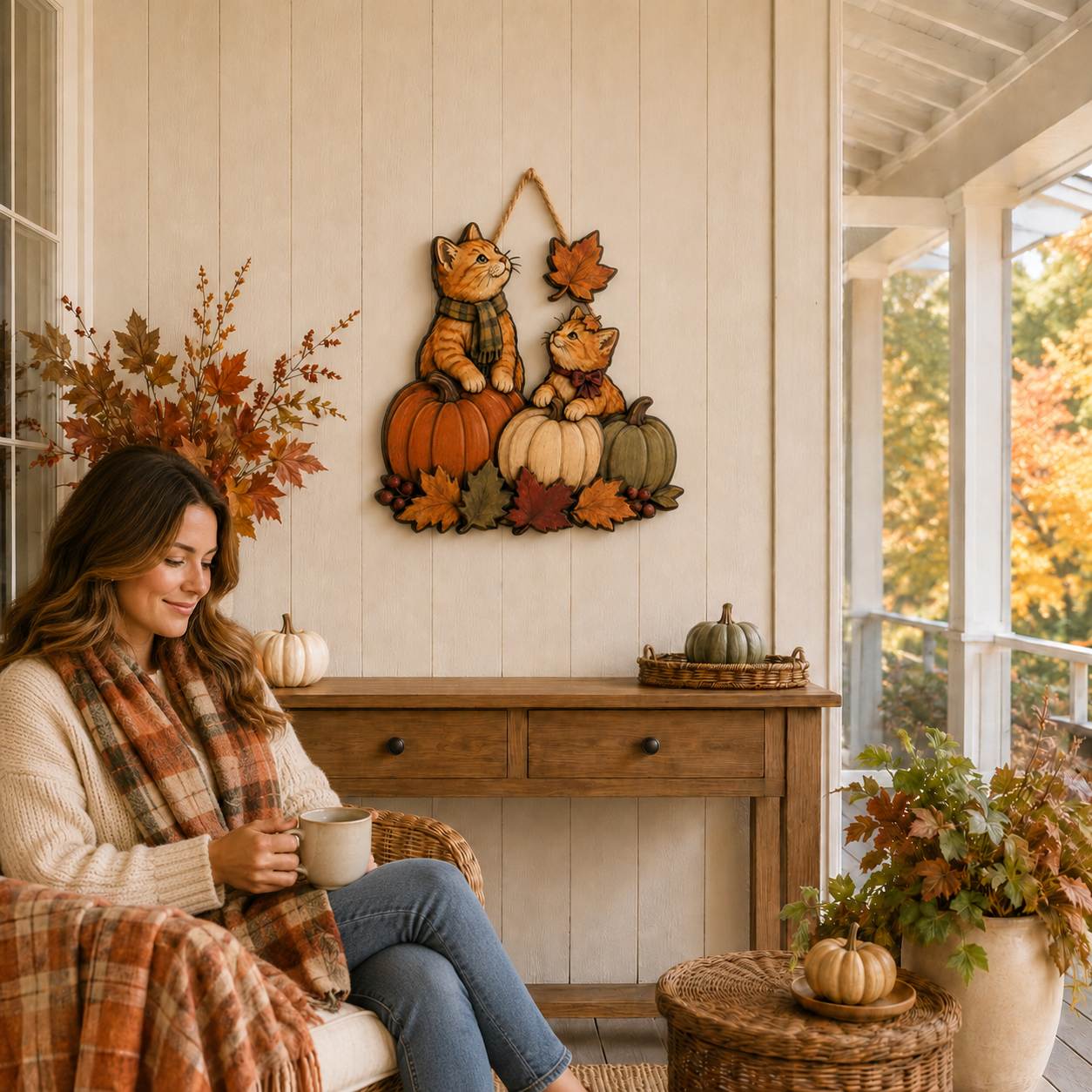 Autumn Whiskers Cat & Pumpkin Wooden Hanging Decor