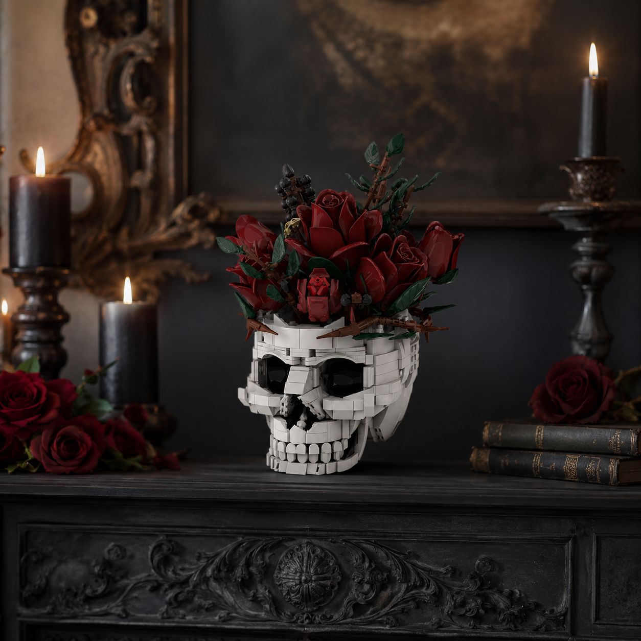 Gothic Rose Skull Building Block Flower Vase🖤🌹 – 1123 PCS DIY Dark Romantic Home Decor Gift