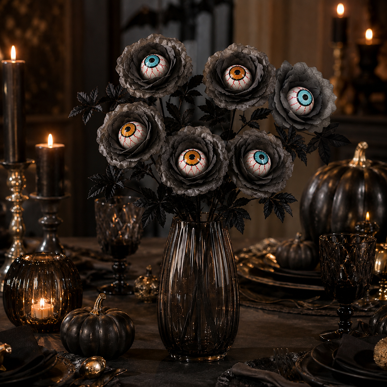 Halloween Eyeball Rose Artificial Flower Stems, Gothic Black Rose Decor