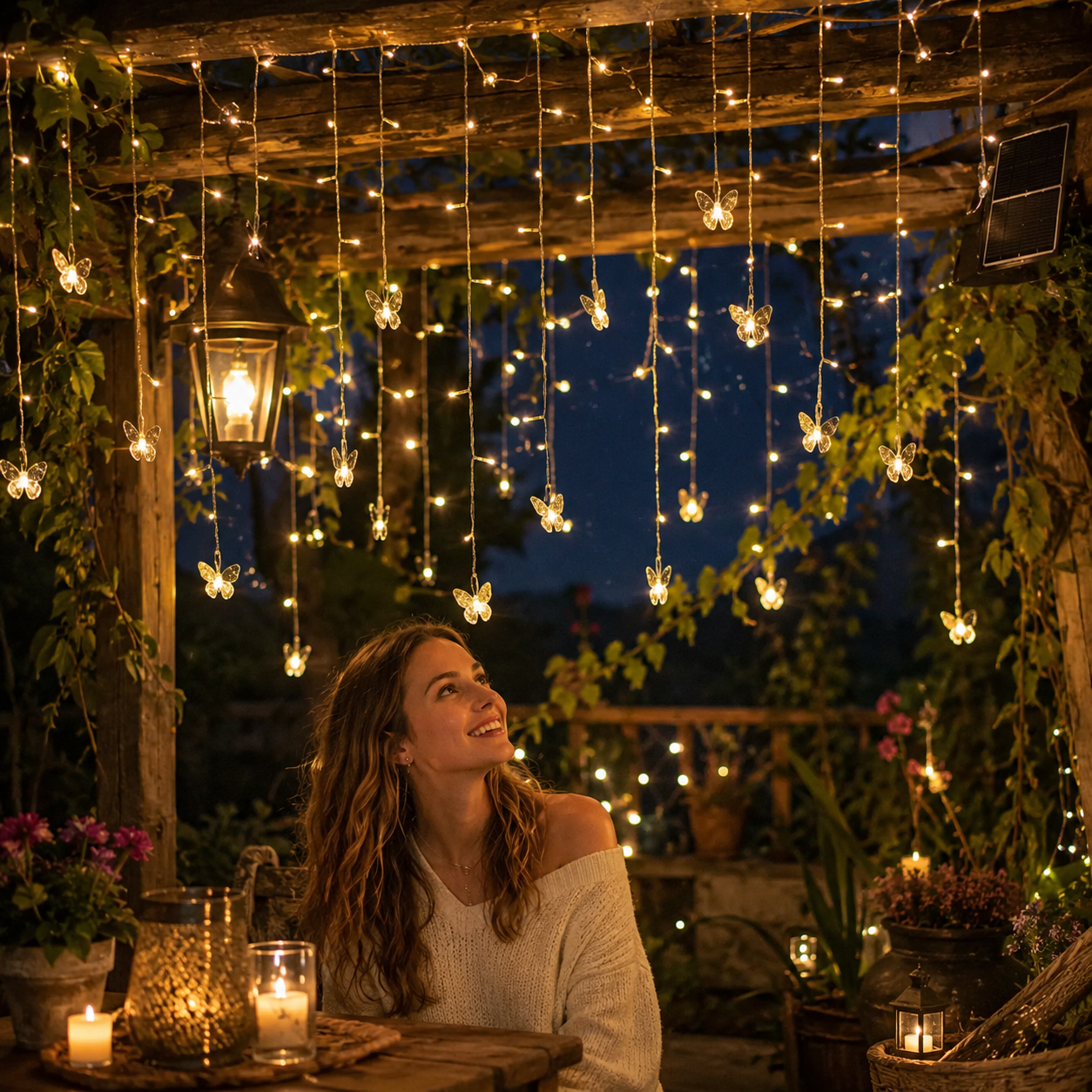 118.1 in Solar Butterfly Waterfall Curtain Lights 🦋✨ Warm White Outdoor Fairy Lights with Remote Control & 8 Lighting Modes