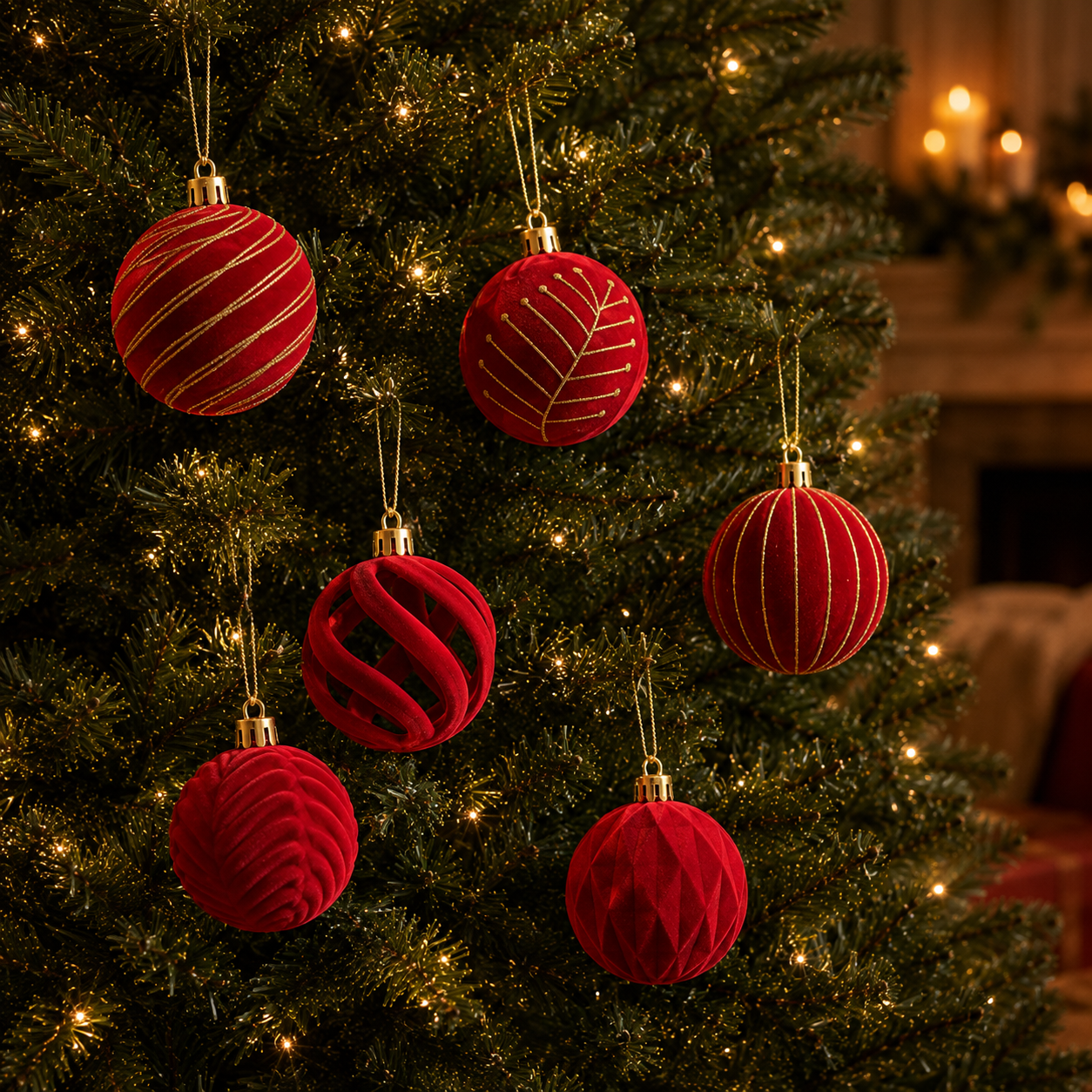 Luxe Velvet Christmas Ornaments – 6-Piece Holiday Bauble Set