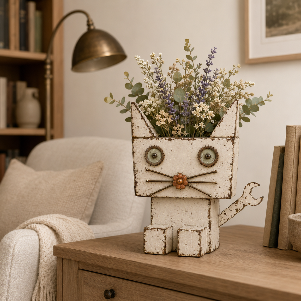 Whimsical Wrench-Tail Cat Metal Flower Holder 🐱🌼
