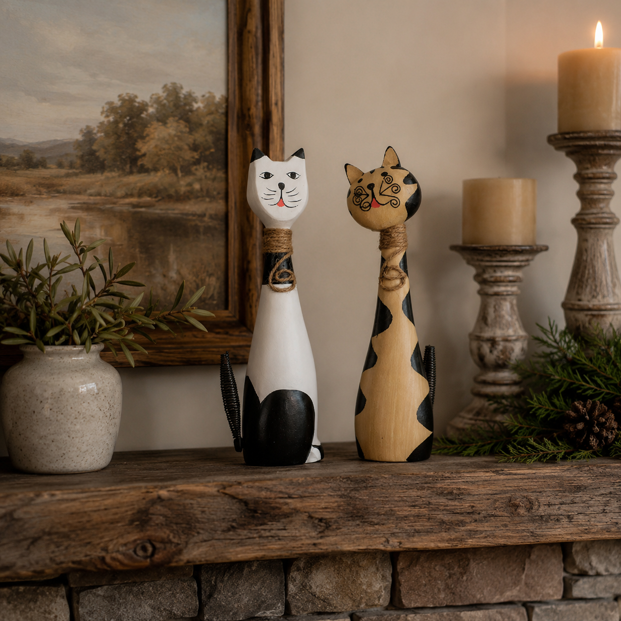 11 in Whimsical Hand-Painted Wooden Cat Figurines – Set of 2 🐱