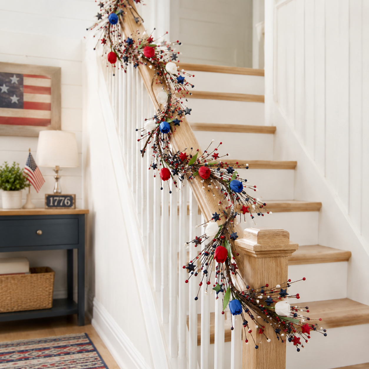 Patriotic Red White Blue Pip Berry Garland with Stars