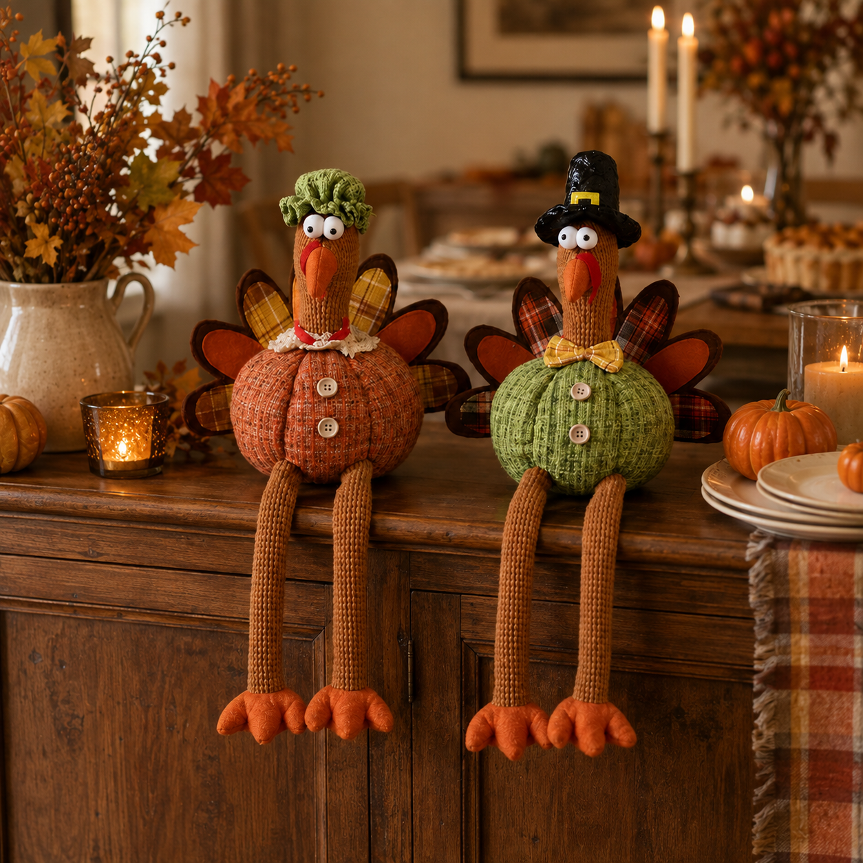 Whimsical Harvest Turkey Couple Shelf Sitters – Set of 2