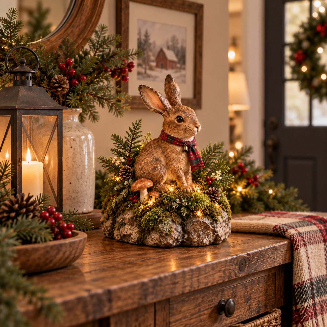 Lighted Woodland Christmas Rabbit Figurine