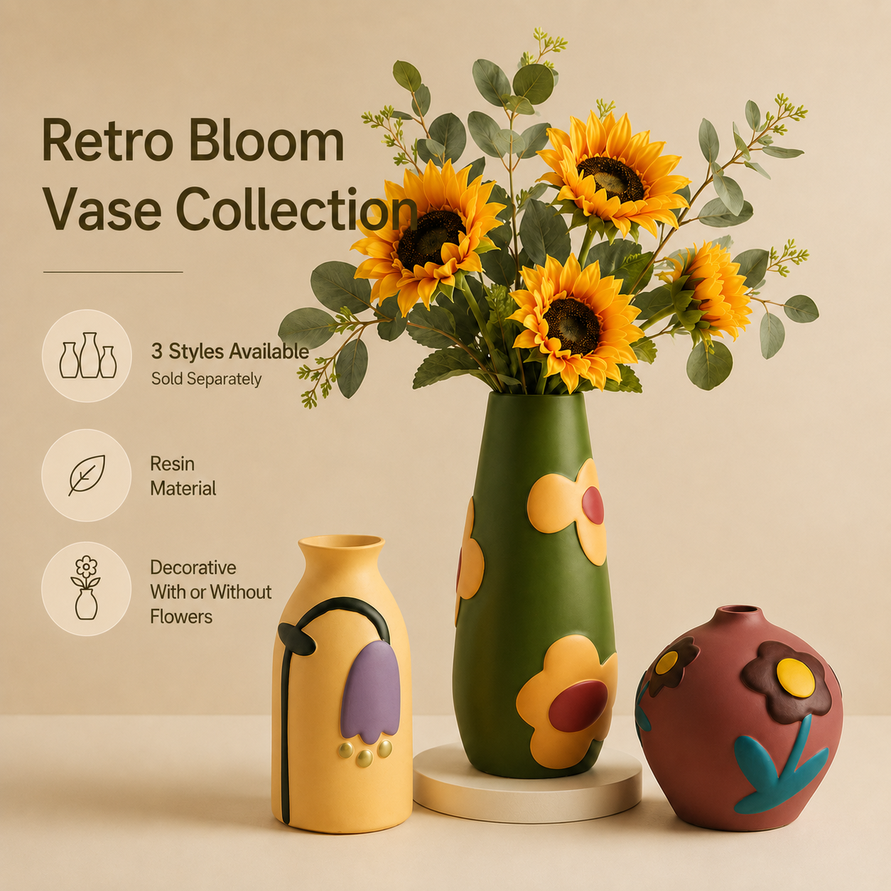 Retro Bloom Sculpted Resin Vase Collection