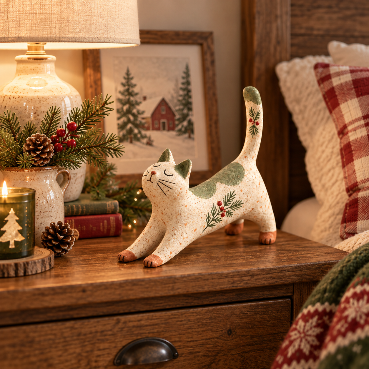 Christmas cat figurine festive display