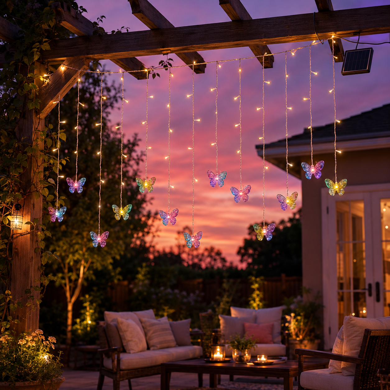118.1 in Solar Butterfly Waterfall Curtain Lights 🦋✨ Warm White Outdoor Fairy Lights with Remote Control & 8 Lighting Modes