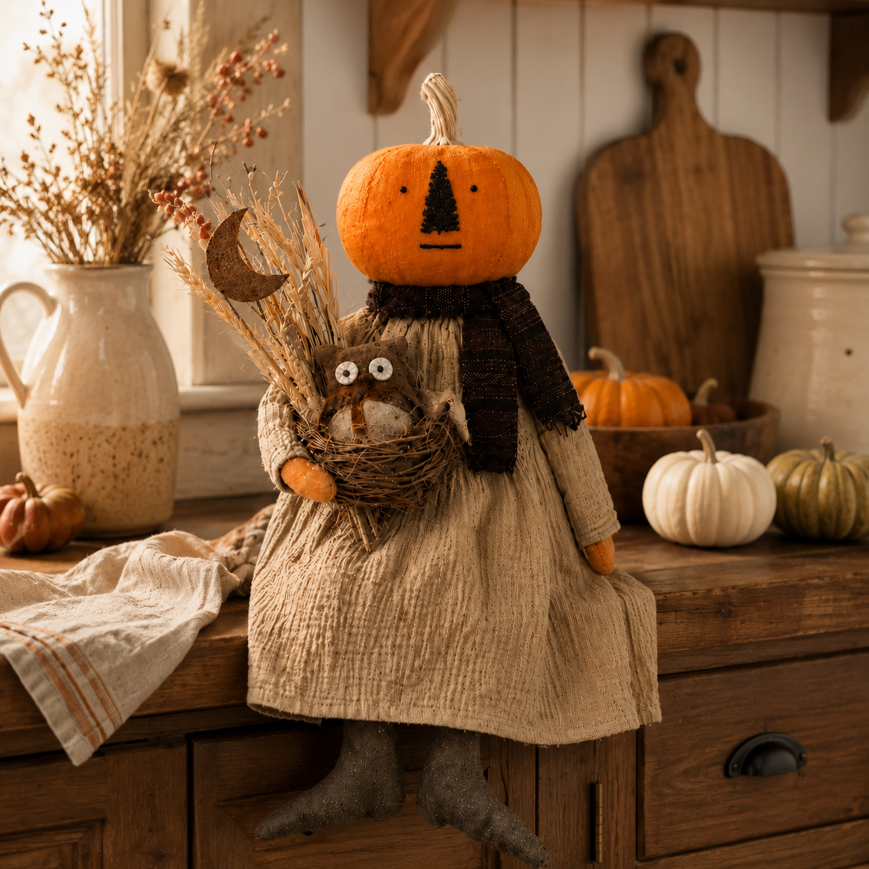 Pumpkin Head Harvest Doll with Gift Box - 11 Inch Fall Tabletop Decor