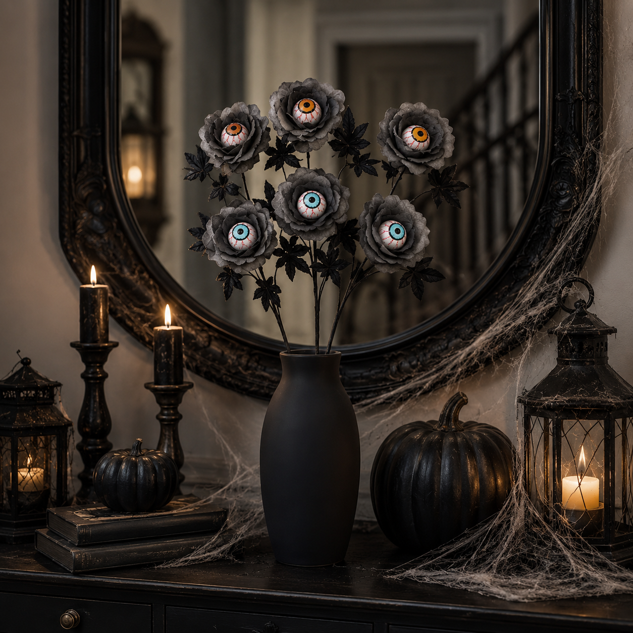 Halloween Eyeball Rose Artificial Flower Stems, Gothic Black Rose Decor