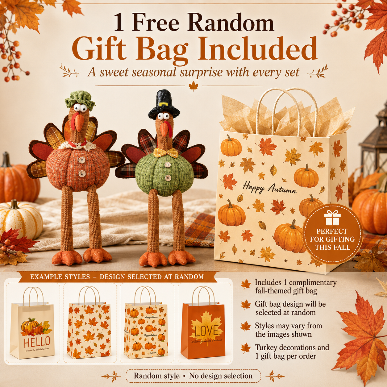 Whimsical Harvest Turkey Couple Shelf Sitters – Set of 2