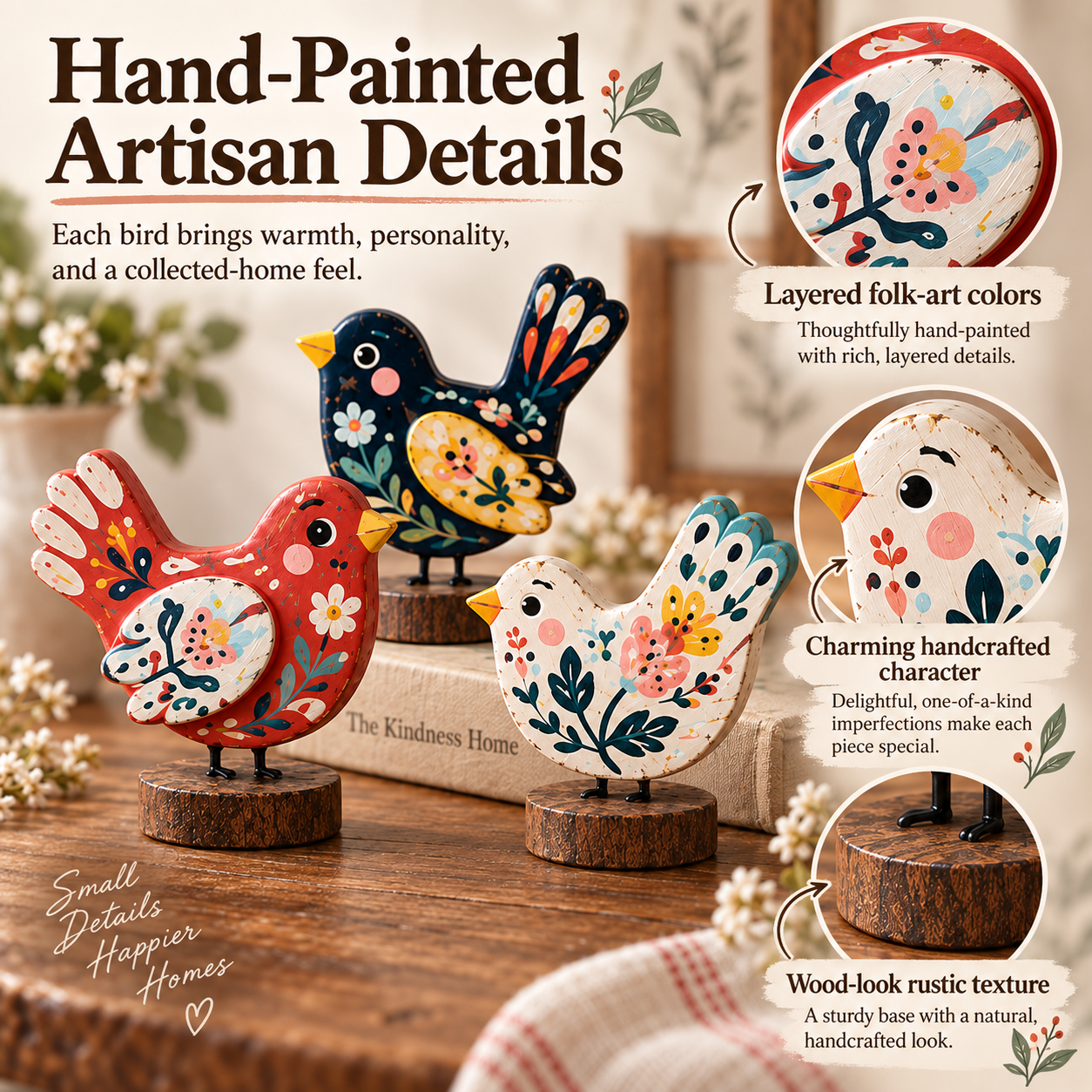 Hand-Painted Folk Art Bird Figurines – Set of 3