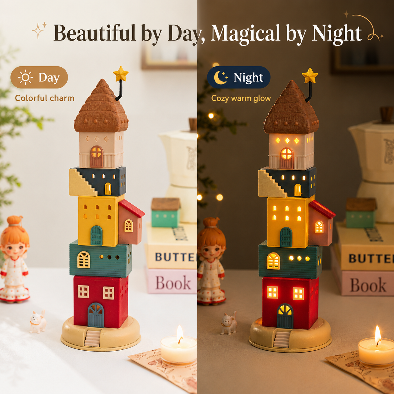 🏠 Whimsical Rotating Light-Up House Tower