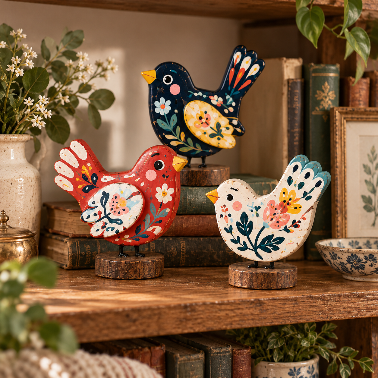 Hand-Painted Folk Art Bird Figurines – Set of 3