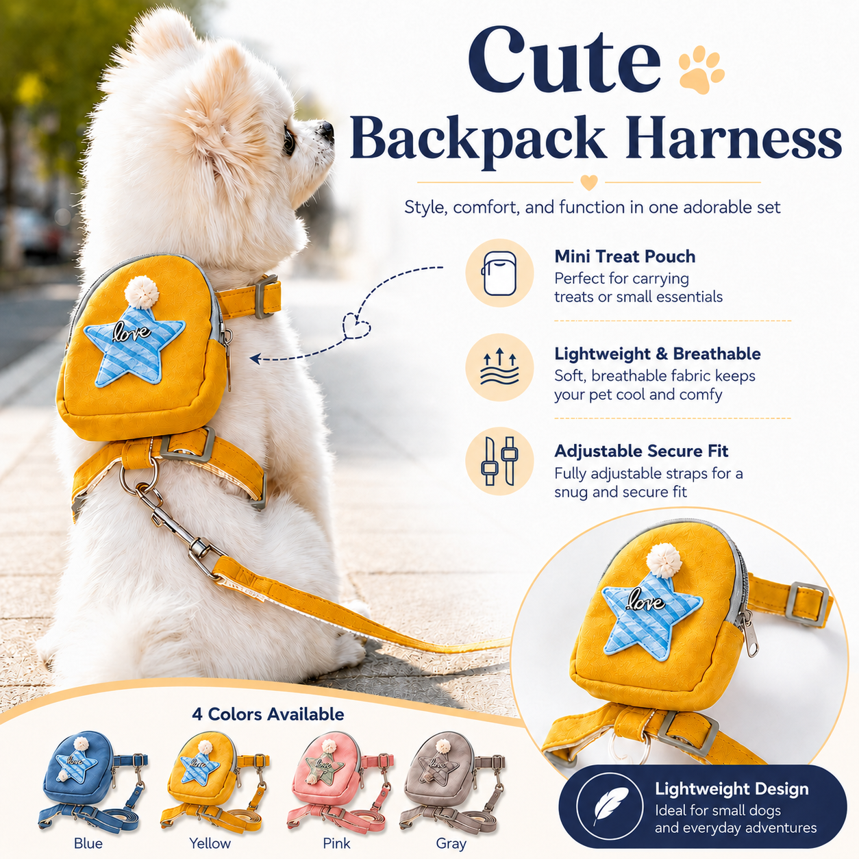 Cute Star Pet Backpack Harness with Leash – Adjustable Pet Chest Strap for Small & Medium Dogs
