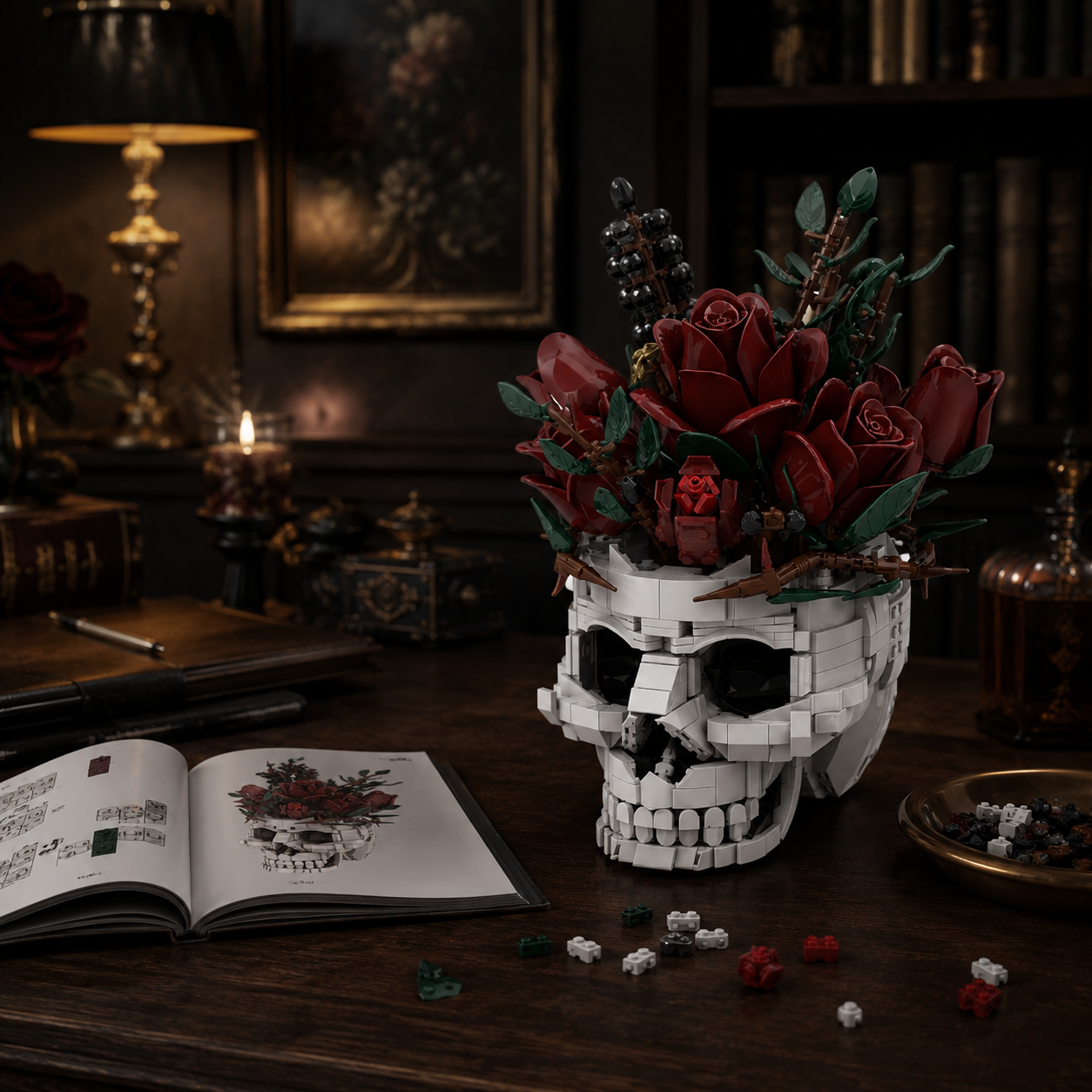 Gothic Rose Skull Building Block Flower Vase🖤🌹 – 1123 PCS DIY Dark Romantic Home Decor Gift