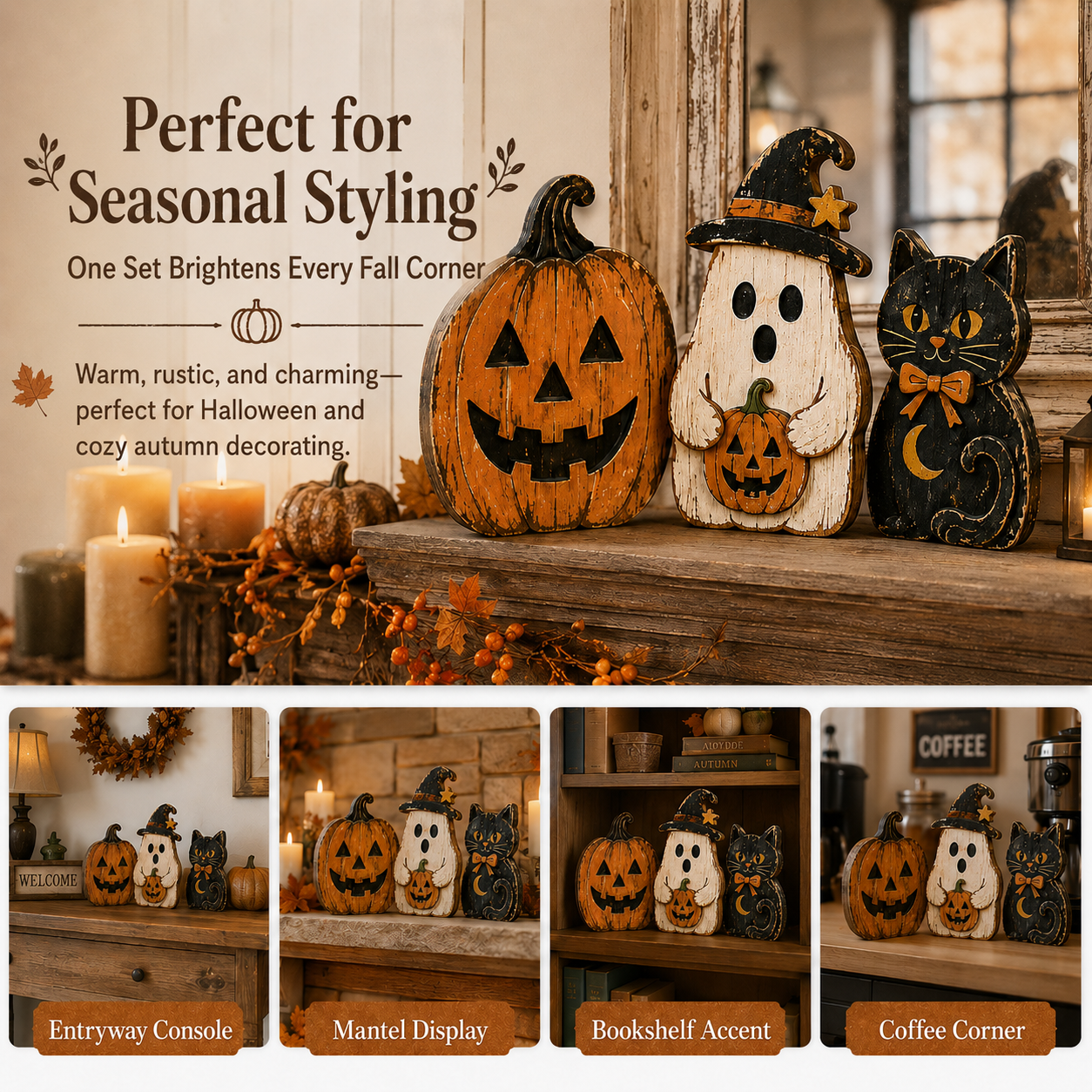 Vintage Halloween Wooden Trio – Pumpkin, Ghost & Black Cat
