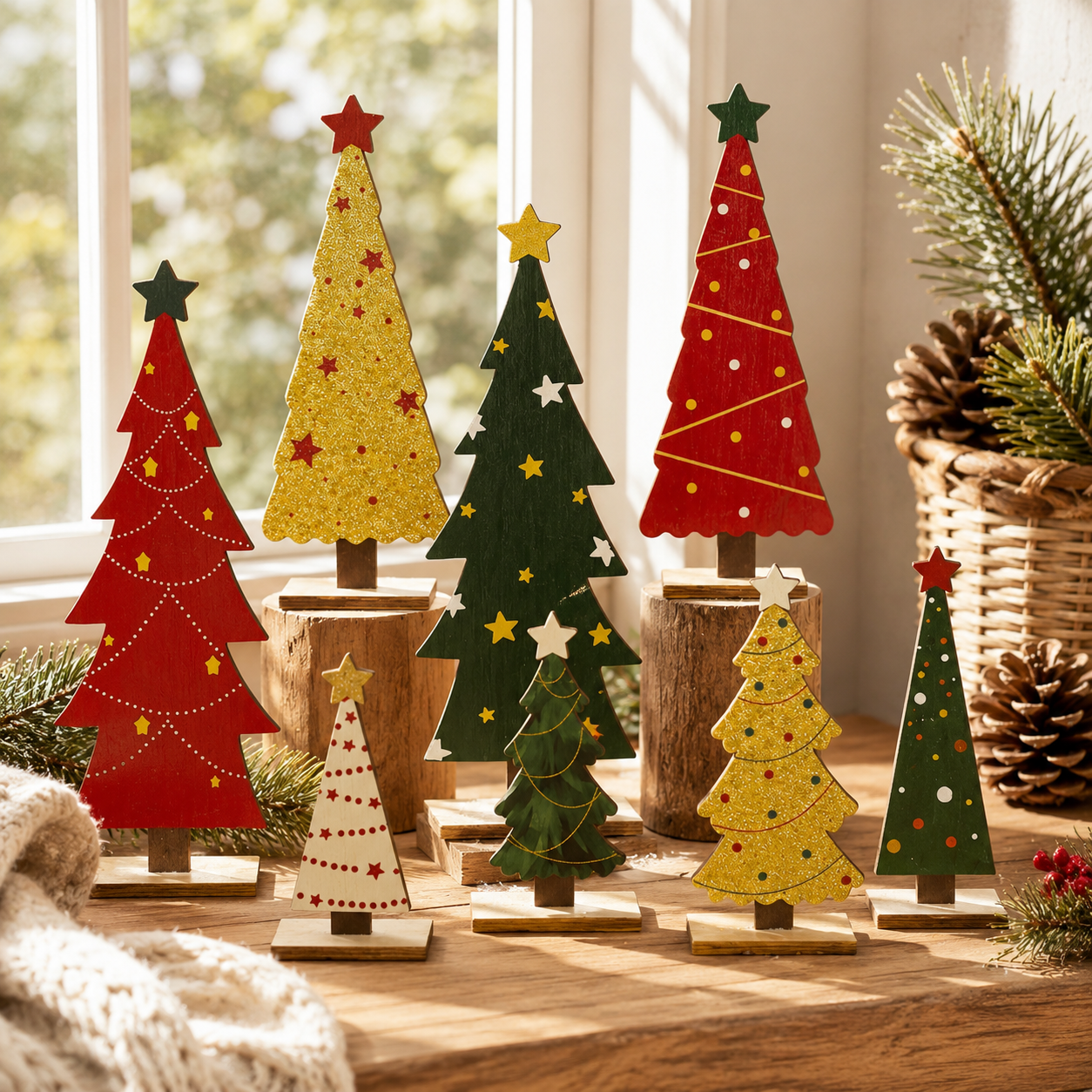 8-Piece Rustic Wooden Christmas Tree Decor Set